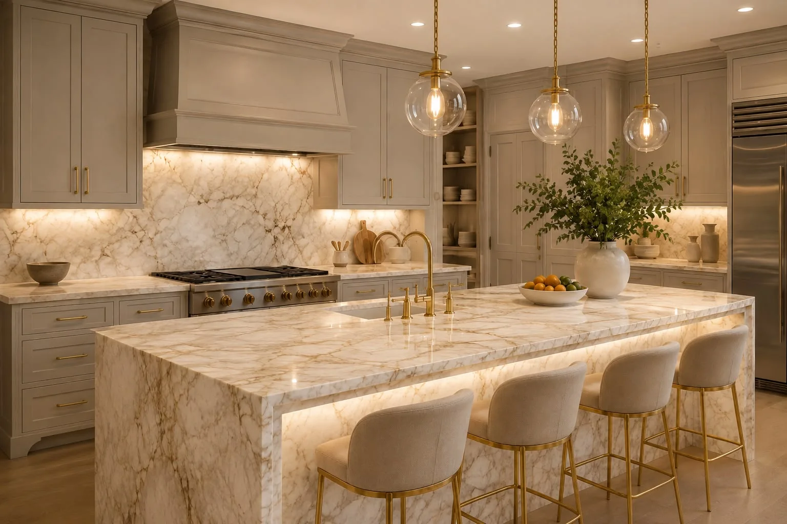 Warm-toned kitchen with a large custom stone island and full-height backsplash