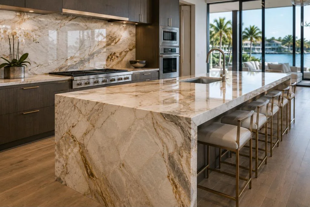 Contemporary kitchen with a bookmatched waterfall stone island
