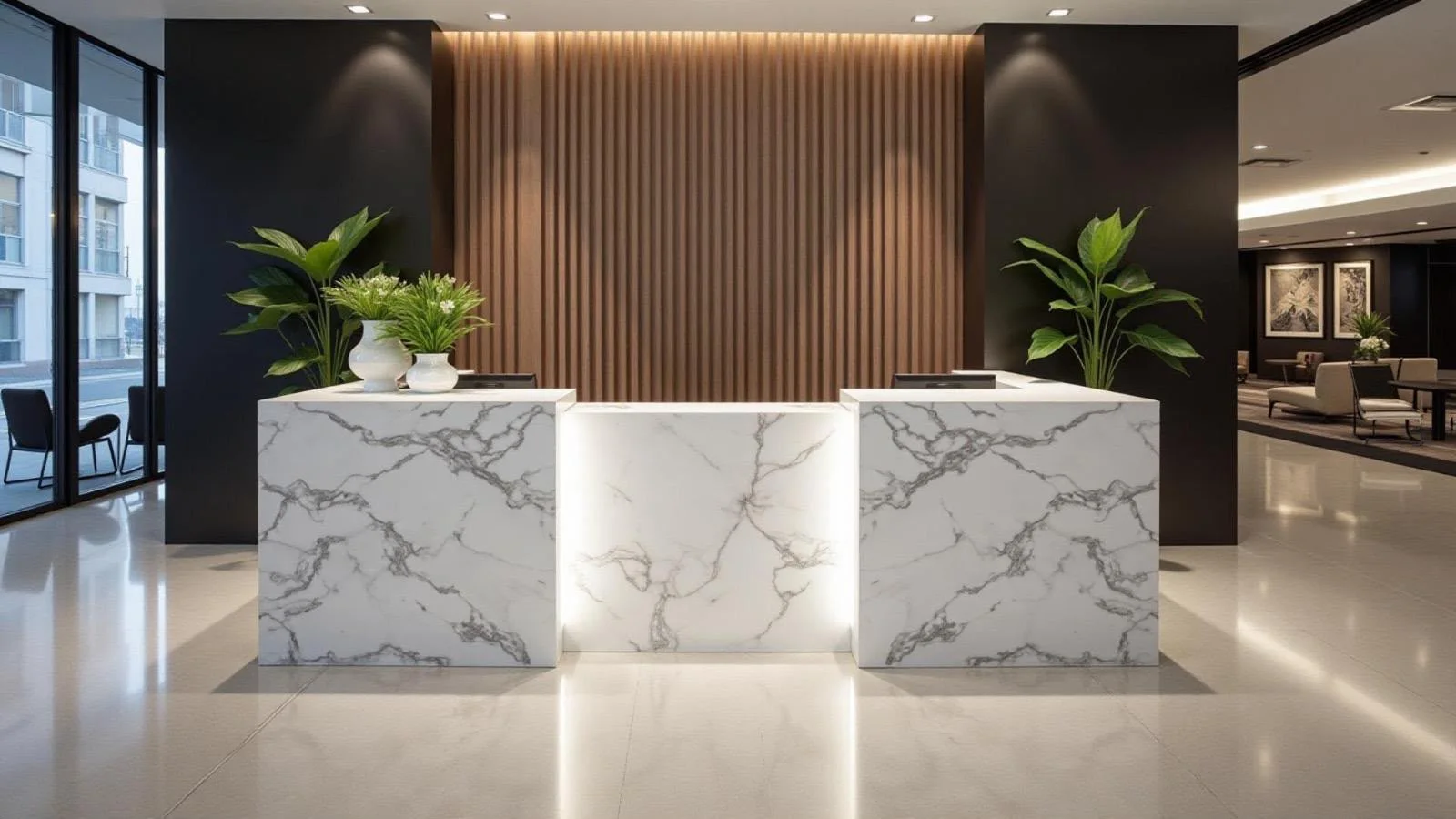 Modern reception desk finished with dramatic white stone surfaces