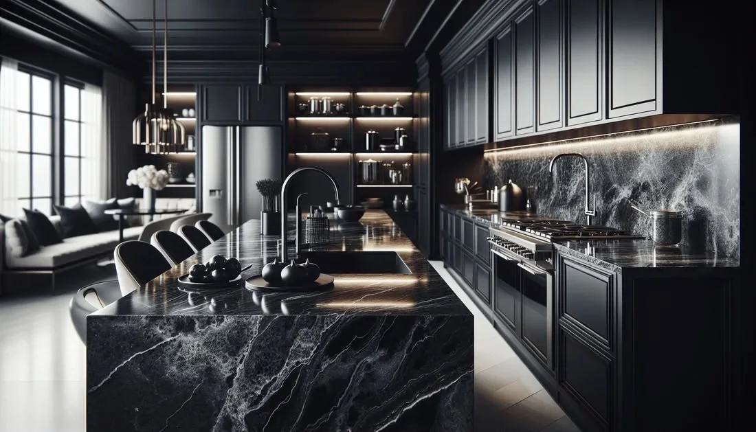 Dark kitchen with a long custom stone island and matching backsplash