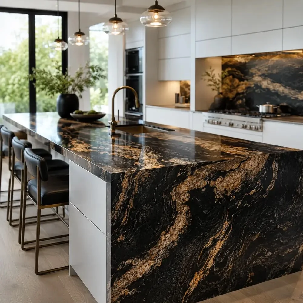 Modern kitchen island with a dramatic black and gold waterfall edge