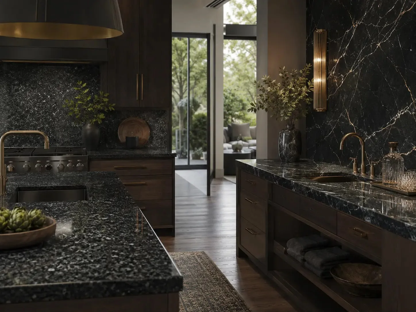 Moody kitchen featuring dark counters and a full-height stone backsplash
